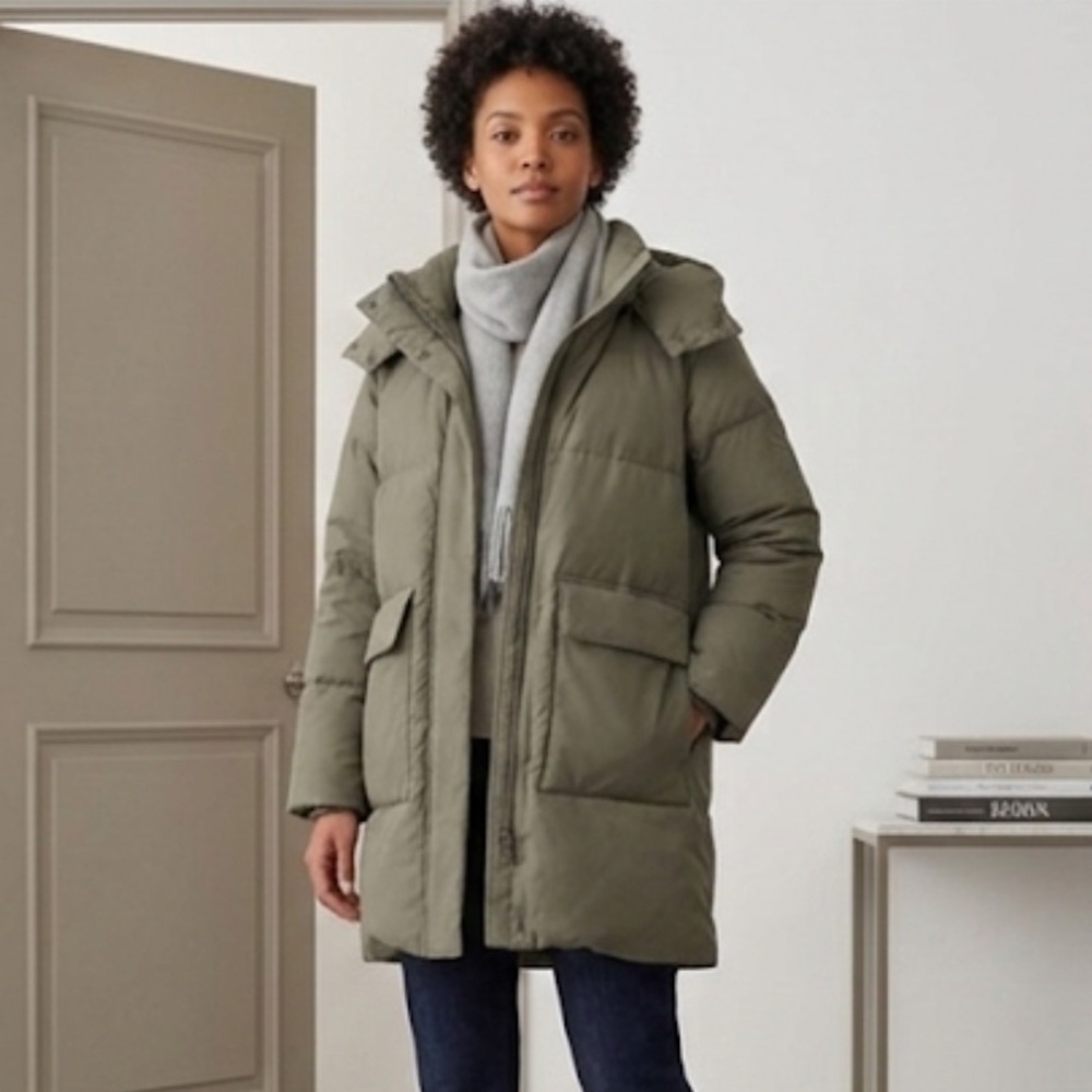 Muji Goose Down Parka lightweight Quilted Puffer Coat Midi Length Small